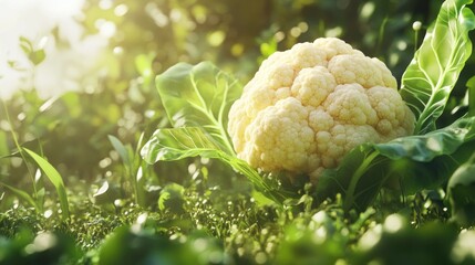 Fresh cauliflower in a garden setting, bathed in sunlight