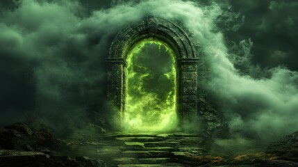 A mysterious portal surrounded by ancient stone pillars, with swirling green energy and eerie fog, leading to a dark and twisted alternate dimension.