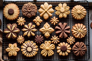 Fototapeta premium Top-down view of freshly baked chocolate chip cookies neatly arranged on a cooling rack. A classic homemade dessert, perfect for illustrating baking, comfort food, and sweet treats
