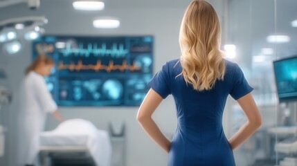 Modern Surgical Suite: A determined medical professional surveys a high-tech operating room, observing as a colleague prepares for a procedure.