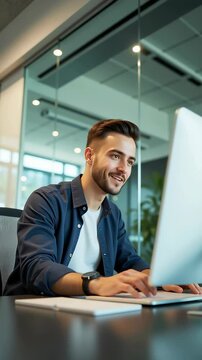 Young Professional Working on Laptop in Modern Office &ndash; Smiling Businessman in Corporate Environment for Business Marketing Videos and Workplace Culture Content