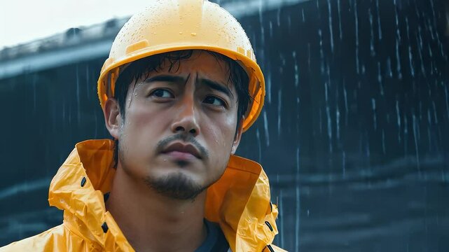 Worried Construction Worker Enduring Rain