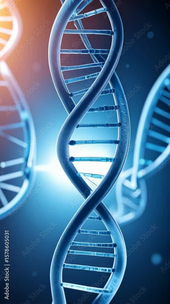 Aufkleber rendering of double helix dna strands against a blue gradient background, exploring genetic informat