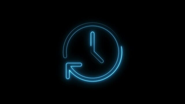 Neon rewind time clock animation shining blue outline past history symbol