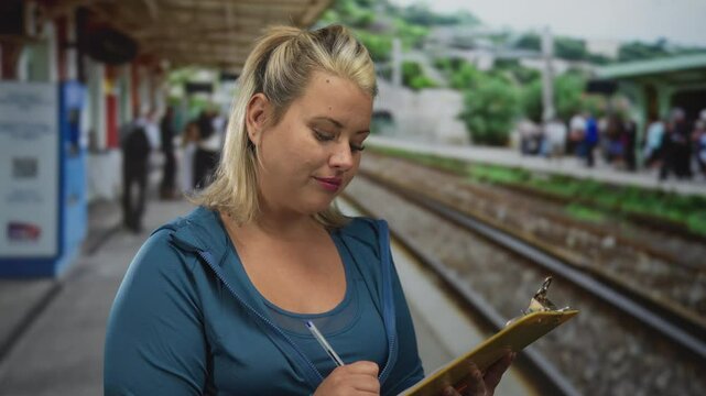 Woman writing on yellow clipboard with pen at a busy train station building platform; concentration.