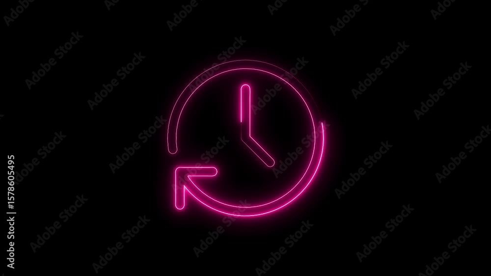Poster neon pink clock with arrow icon animated on a black background for technology concepts