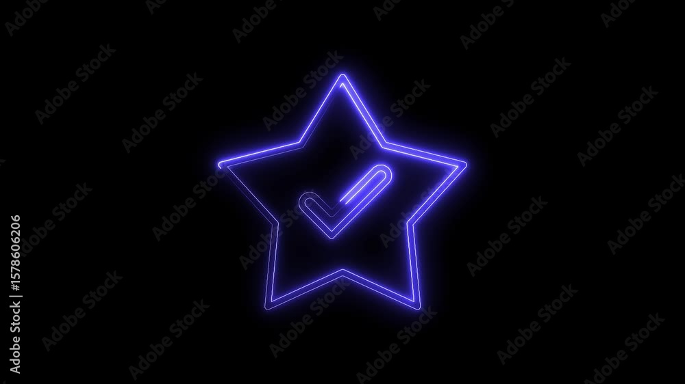 Poster glowing neon star with check mark icon animation on a black background seamless loop