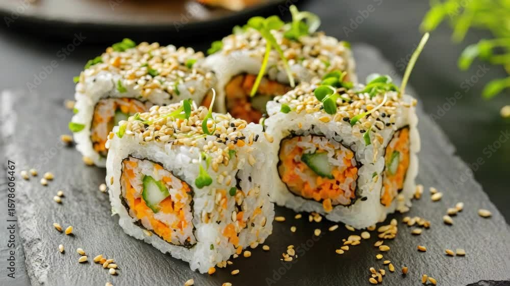 Poster a sushi roll with a carrot in the middle. the roll is cut in half and has a piece of carrot in the m