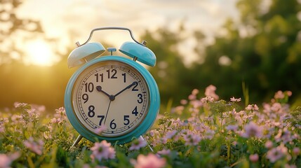 A vintage teal alarm clock sits amidst a field of wildflowers at sunrise