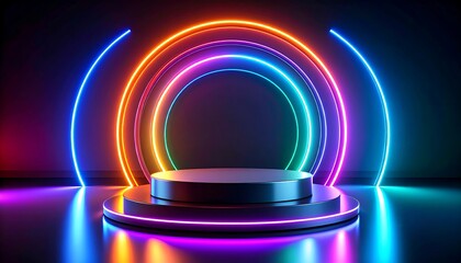 Neon circles frame a dark podium