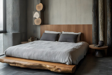 a bed with a wooden head board and pillows
