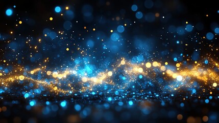 Obraz premium Abstract digital art of swirling, shimmering particles in blue and gold. A dynamic, glowing, and ethereal effect