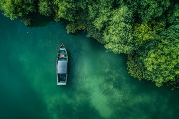 a boat is floating in the middle of a river