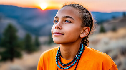 AI generation. The concept of every child matters. The younger generation of the Indigenous peoples of America in orange shirts against the backdrop of the wild nature of America.