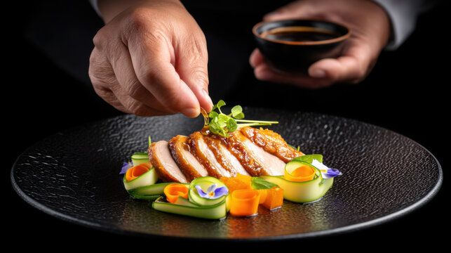 A chef delicately garnishes a gourmet dish featuring sliced meat and colorful vegetable ribbons on a black textured plate. - Powered by Adobe