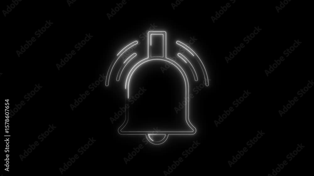 Poster neon ringing bell icon animation on black background seamless loop notification reminder