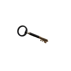 Golden toothed metallic key with round black plastic handle isolated on transparent background