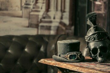  Steampunk Decor with Top Hat, Goggles, and Skull vintage