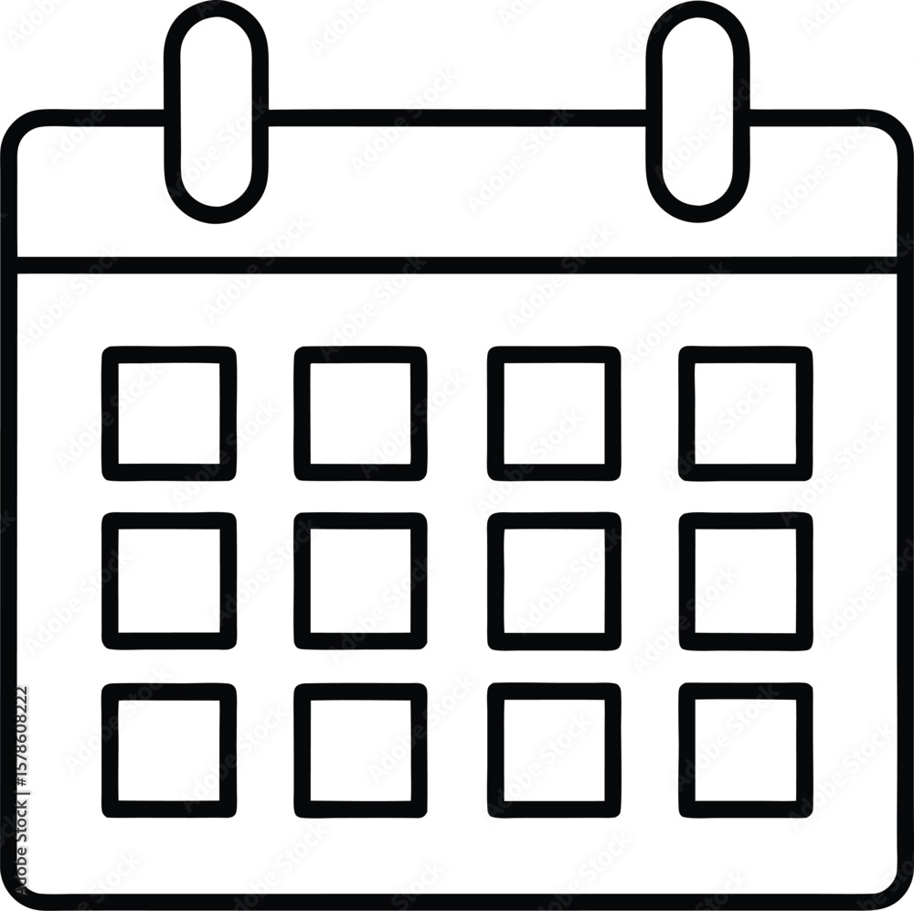 Poster clean line icon of a monthly calendar grid with squares isolated on transparent background