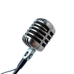 Retro silver microphone with grill design on stand isolated on white background transparent