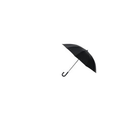 Open black umbrella with curved handle isolated on transparent background