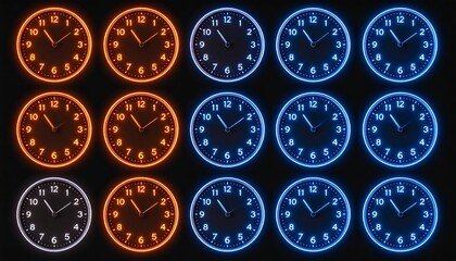 Neon clocks of varying colors against a dark background