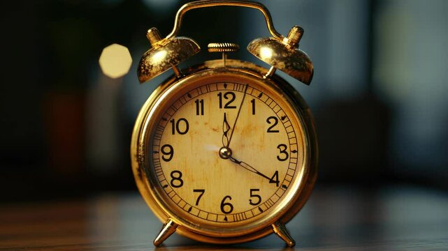 An old-fashioned gold alarm clock with a cuckoo design and snooze button. Sits on a wooden nightstand in the dark.