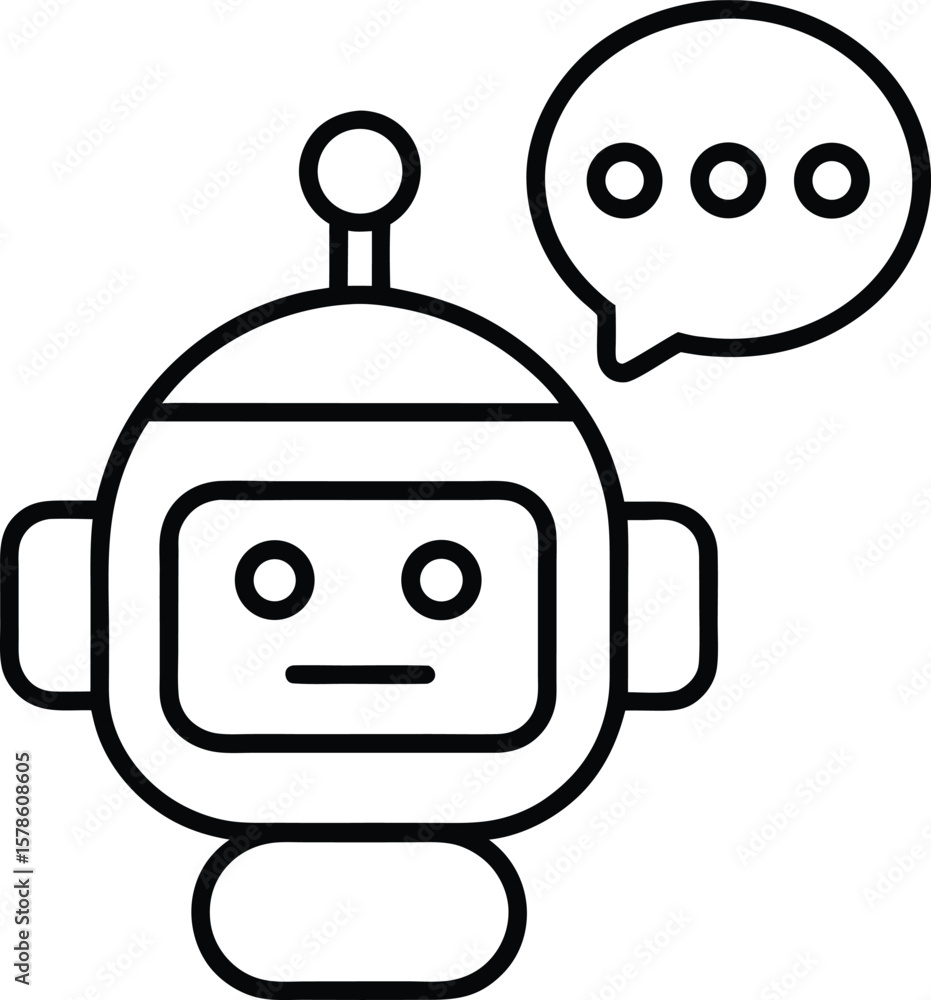 Poster line art robot head with speech bubbles communicating ideas isolated on transparent background
