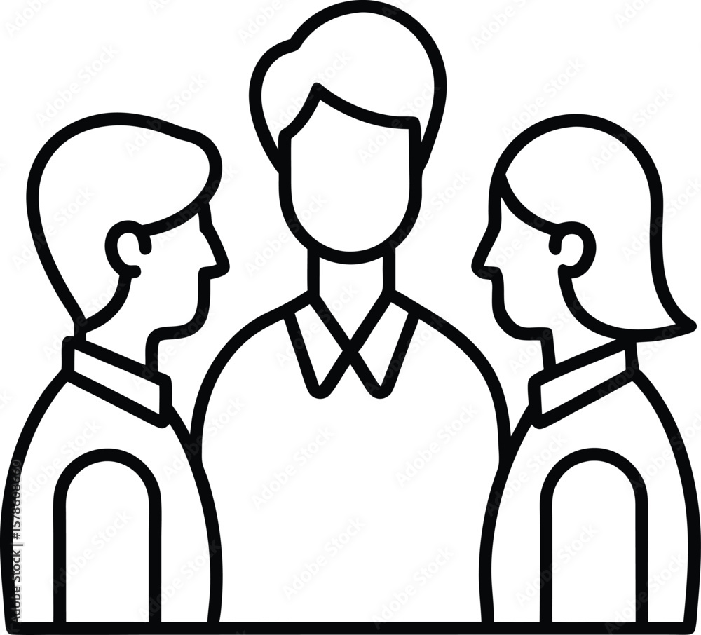 Poster simple line icon representing three people in discussion or meeting isolated on transparent backgrou