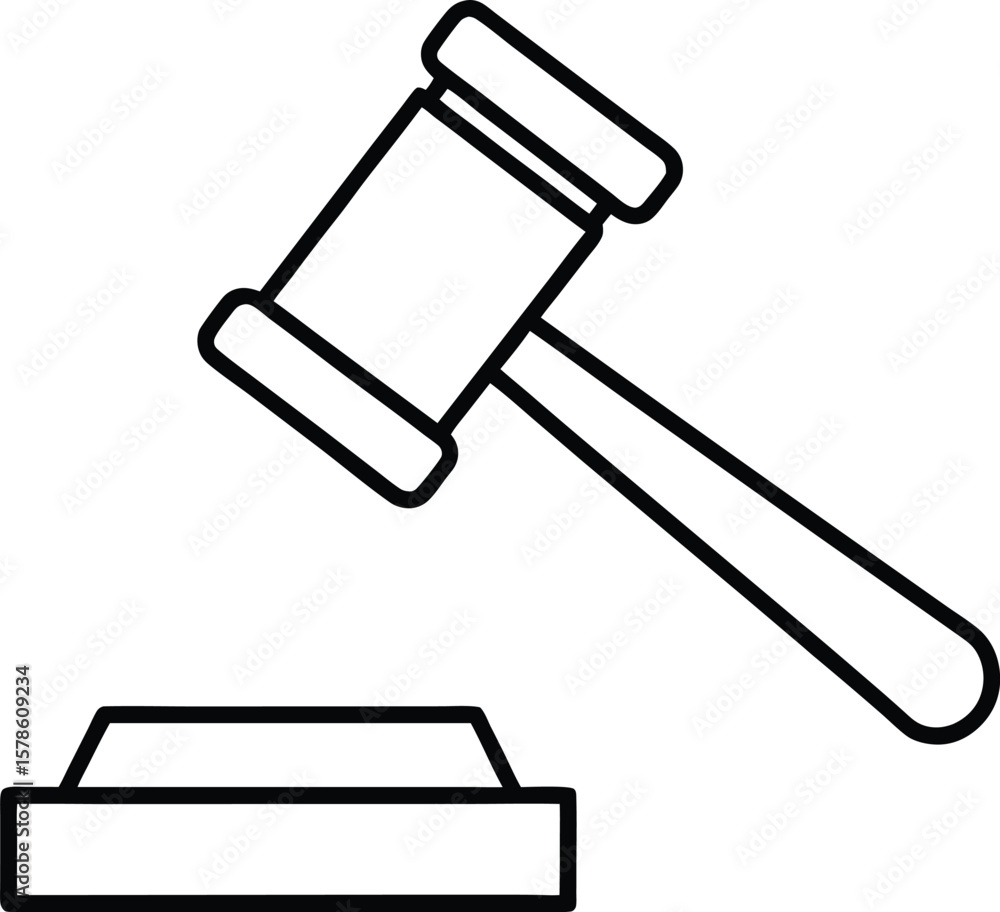 Poster outline icon of a gavel hitting a block symbolizing justice or law isolated on transparent backgroun