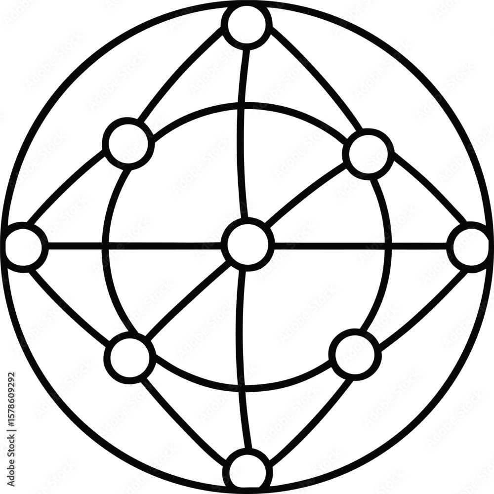 Poster outline globe icon with interconnected network dots and nodes isolated on transparent background