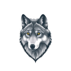 Realistic digital illustration of a gray wolf head with piercing yellow eyes and white fur accents on transparent background