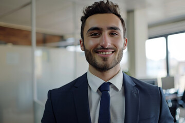 Fototapeta premium Professional businessman smiling at his desk in a bright and well-organized office environment.