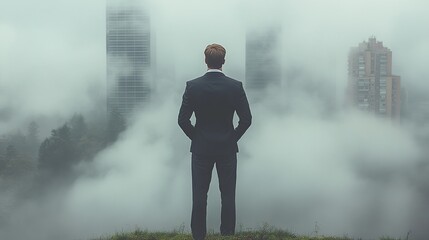 Businessman standing in a misty cityscape