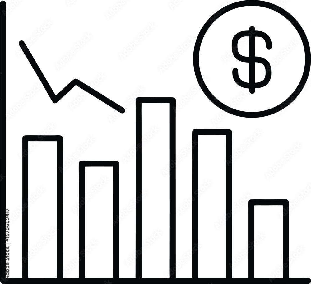 Poster outline bar graph with dollar sign representing finance and economy isolated on transparent backgrou