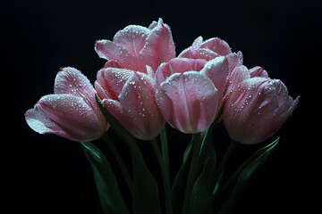 a bunch of pink flowers with water droplets on them