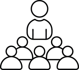 Outline icon of a person speaking to a group of leaders isolated on transparent background