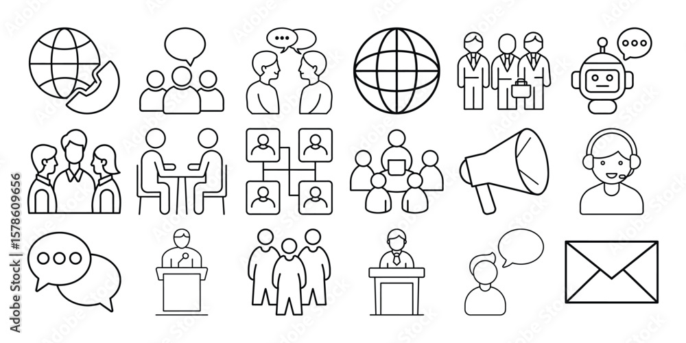 Poster collection of business and communication icons representing teamwork and global connection isolated 