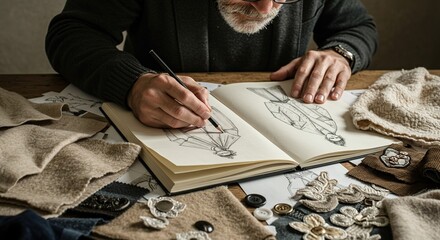Fashion designer sketches clothing design on paper in studio, surrounded by textiles and buttons, working on his next collection.