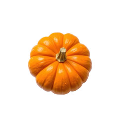 Bright orange pumpkin with smooth ridges and short light brown stem isolated on transparent background