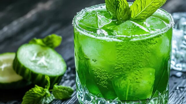 A refreshing green cocktail with mint and cucumber, perfect for a warm day or as an alternative to alcohol.
