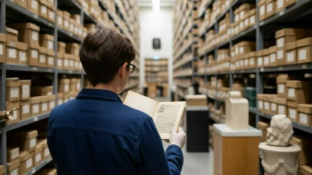 Researcher with gloves reading a rare book in a museum archive. Historian working with historical documents in a vast library storage room.