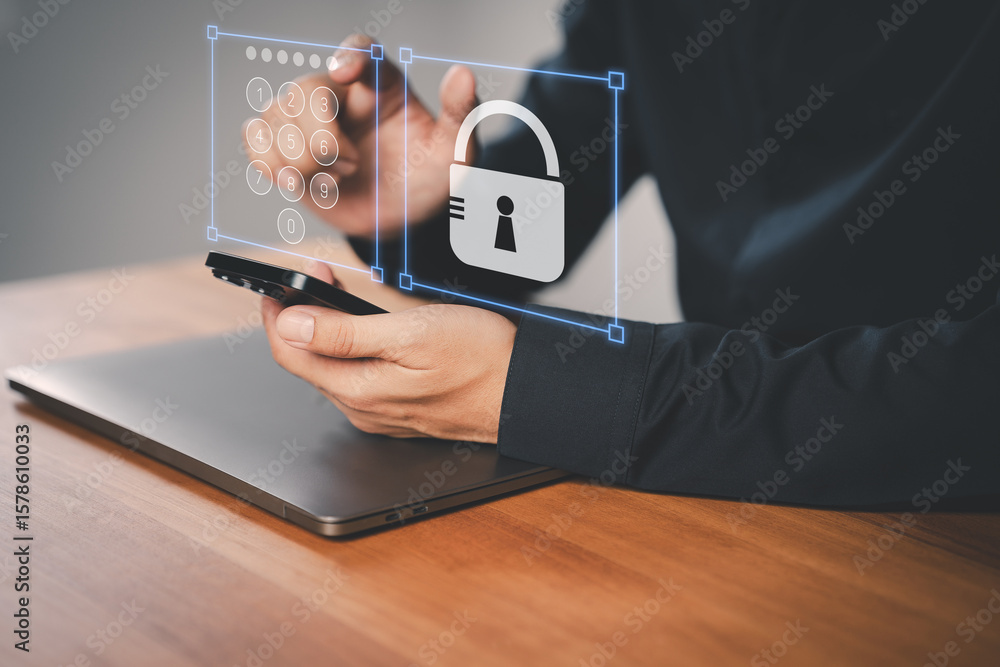 Poster adult man using a smartphone with a security keypad and padlock icon, symbolizing data protection, p