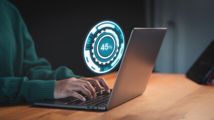 Female user working on a laptop, downloading updates with slow internet from Wi-Fi. Loading symbol highlights delays in file retrieval, reflecting digital software management and connectivity issues.