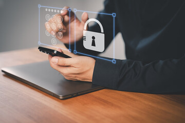Adult man using a smartphone with a security keypad and padlock icon, symbolizing data protection,...