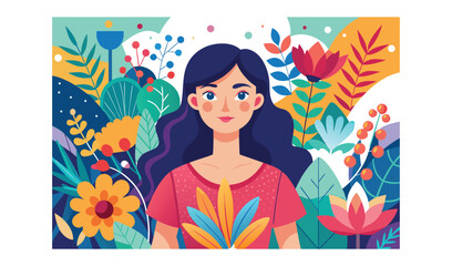 Beautiful illustration of a fairy woman with flowing floral hair, surrounded by nature's spring and summer blossoms, a vibrant and magical design