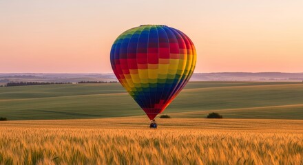 Colorful Hot Air Balloon Flying Over Golden Wheat Field at Sunrise in Rural Countryside