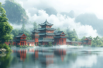Obraz premium Tranquil Forest Reflections Beneath Soft Misty Clouds