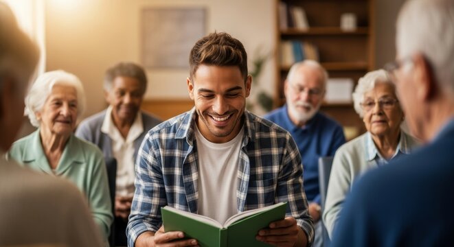 Young Male Volunteer Reading Book to Senior Citizens in Community Center Library - Powered by Adobe