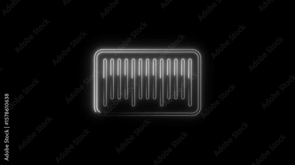 Poster glowing white barcode scan animation on black background for product identification and retail appli